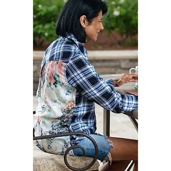 Tolani Collection Womens 3X Button Down Tunic Top Back Print Blue Plaid NWT - Picture 1 of 5